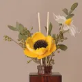 Dried flower arrangement in brown glass bottle with yellow solar flower and diffuser sticks - Camellia Violet