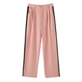 Detail of pink high-waisted wide leg trousers with black side stripes and pleats - S / Pink And Black Patchwork Wide Leg Trousers