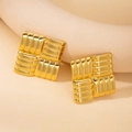 Golden square stud earrings with retro 3D textured relief and geometric design - Gold Cross-Striped Square Studs