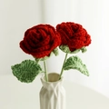 Handmade crochet red rose bouquet with green leaves in a white diamond pattern vase - Woven Rose (Finished) / Red (Toothed Large Leaf with Wire)