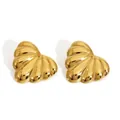 Polished gold heart earrings with radiant ribbed texture and mirror finish on white background - Gold (KDE3370)