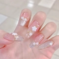 Handgefertigte rosa Press-on-Nägel mit 3D-Blumen, Perlen und silbernem Katzenaugeneffekt - Extra Klein (XS) / Katzenauge Blume (Inklusive Werkzeugset)
