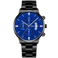 Close-up of men's business watch featuring a deep blue dial and three-eye chronograph - Black Case Black Band Silver Blue Dial