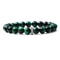 Macro detail of natural green tiger eye beaded bracelet with silver textured metal spacer - Green Tiger Eye