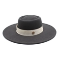 Detail view of dark grey wool felt hat with cream ribbon and gold metal logo buckle - M (56-58cm) / Dark Gray