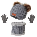 Ensemble d'hiver 3 pièces pour enfants avec bonnet gris, écharpe et gants à pompons en fourrure - Gris Set