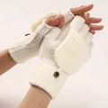 Detail of cream white knit convertible flip top gloves with secure button and ribbed cuff - One Size / White
