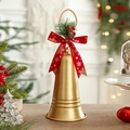 Matte gold Christmas bell ornament with a red snowflake bow and pine needles hanging decor - Large Gold Bell (APYX323)