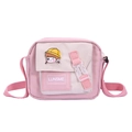 Pink and beige nylon crossbody square bag with a cute cartoon pin and shoulder strap - Pink
