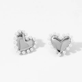Macro shot of silver heart-shaped stud earrings with embedded white pearls on white background - Silver Heart Pearl Earrings (D2729) / Silver