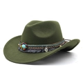 Detail of western cowboy hat featuring ethnic woven band and turquoise ornament - M (56-58cm) Adjustable / Army Green