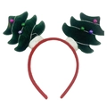 Festive red headband with green velvet Christmas trees, silver thread and colorful bells - Green Christmas Tree
