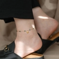Golden titanium steel anklet with green beads and M-engraved shell charm on ankle - Green Beads Shell Anklet-Gold-Letter M