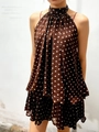Halter neck chiffon mini dress in dark brown polka dot pattern with tiered skirt - XS / Coffee Polka Dot
