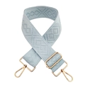 Detail of light blue 5cm wide bag strap with golden buckles and woven geometric pattern - Light Blue
