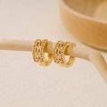 Gold plated hoop earrings for women with double row cubic zirconia and hollow diamond pattern - EH411029