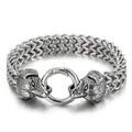 Rugged silver titanium steel bracelet with braided chain and wolf head clasp detailing - Double Dog Head Style (KB139886-KJX)