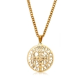 Detailed close-up of golden Saint Benedict medal with cutout cross and Cuban link chain - Necklace / Gold