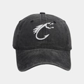 Detailed view of a washed dark grey baseball cap featuring a white fish hook logo - Adjustable / Black
