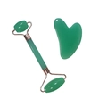Dual-head green jade roller and heart-shaped gua sha tool set with rose gold metal accents - Light Green (Roller And Heart Scraper)