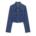 Ensemble en denim bleu foncé pour femme avec chemise courte et pantalon large tendance - XS / Hauts