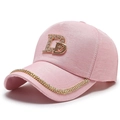 Pink fashion baseball cap with sparkling rhinestone letter D and crystal brim decoration - Adjustable / Pink