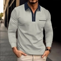 Men's light grey long sleeve polo shirt with navy blue zipper collar and chest pocket - Grey and Navy