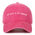 Detail of white embroidery text My Dog Is My Shrink on rose red washed cotton baseball cap - Rose Red