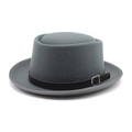 Detail of dark grey felt pork pie hat with black leather belt and metal buckle - M (56-58cm) / Gray