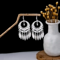 Ethnic silver-plated hollow circle earrings with peacock leaf tassels and beads - Silver Round Ring Bead Tassel(E5885)