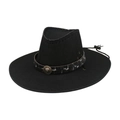 Classic black Western cowboy hat with golden lion badge and adjustable wind cord - Black (Lion Head Metal Buckle)