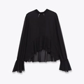 Damen Chiffon-Langarmbluse in Schwarz mit Lagen-Rüschensaum und elastischen Bündchen - XS / Schwarz