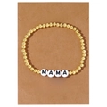 Elastic beaded bracelet with gold beads and white MAMA letters on a gift card - Gold Round Bead White MAMA Letter Card Style