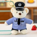Cuddly plush bear in detailed police officer uniform with hat and blue shirt keychain - Keychain Police Bear - White
