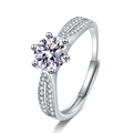 Detailed close-up of a silver six-prong wedding ring with a large zircon center stone - Adjustable Open / 1 Carat Six-Prong Pavé Set Style(XSD-06)
