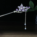 Traditionelle chinesische Haarnadel mit lila Blüten und eleganten Perlenquasten - Lila Blütencluster Künstliche Perle Quaste Silber Stil (0393)