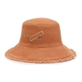 Brown canvas bucket hat featuring distressed frayed edges and embroidered lettering detail - Adjustable / Brown
