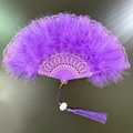 Elegant purple lace folding fan with soft feathers, golden patterns and silk tassel - Lace Feather Fan Purple