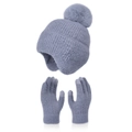 Winter-Set aus graublauem Plüsch-Strickmütze mit Ohrenklappen und Touchscreen-Handschuhen - Dunkelgrau