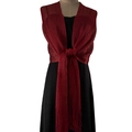 Elegant red knit shawl with metallic thread, long fringes and shimmering finish - Purplish Red