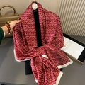 Red silk scarf with white C-pattern and border styled on a black outfit for spring - Red C-Letter / 180*90