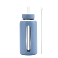 Blue silicone sleeve glass water bottle with drinking straw and metal cleaning brush - Sky Blue
