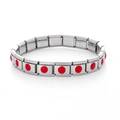 Macro view of stainless steel modular bracelet links with red circular stone accents - 0084 - Red Circle Section 1