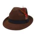 Classic dark brown wool fedora hat with vintage feather decoration and black ribbon band - Coffee