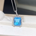 Exquisite silver necklace featuring a rectangular sky blue gemstone pendant with halo diamonds - Tz-34 [aquamarine]