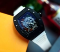 Skeleton tonneau watch with black case and white rubber strap for men and women - Black Case White Strap