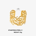 Adjustable 18k gold plated stainless steel wide cuff bracelet with cutout leaf design - Gold Irregular Coral
