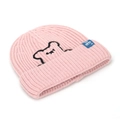 Pink knitted beanie with cute bear embroidery and blue label on a white background - Pink