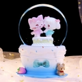 Blue cake base musical snow globe with cartoon cat and girl figurines in crystal ball - Medium 80mm Light + Snow / Blue & White