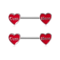 Stainless steel nipple bars with red heart enamel featuring Cum Here lettering text - English Heart (Cum Here)